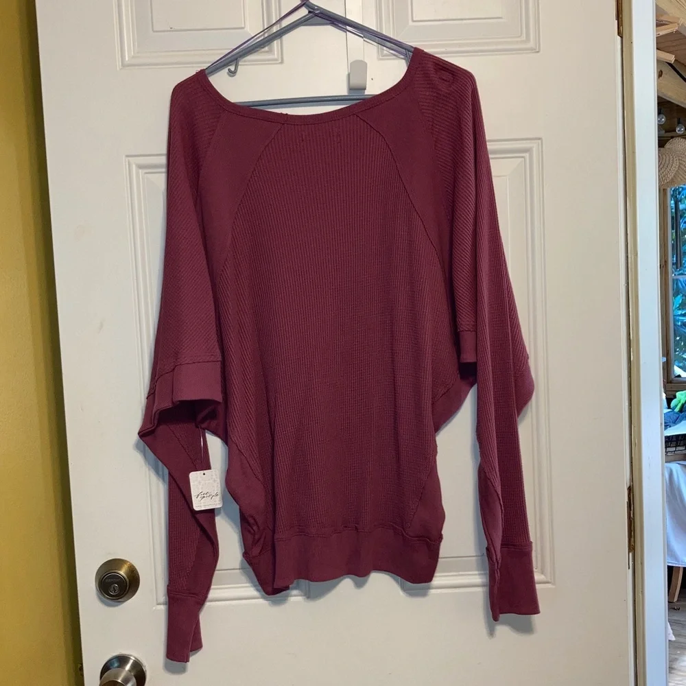 FREE PEOPLE Santa Clara Cotton Thermal V Neck Mulberry Top Womens Medium